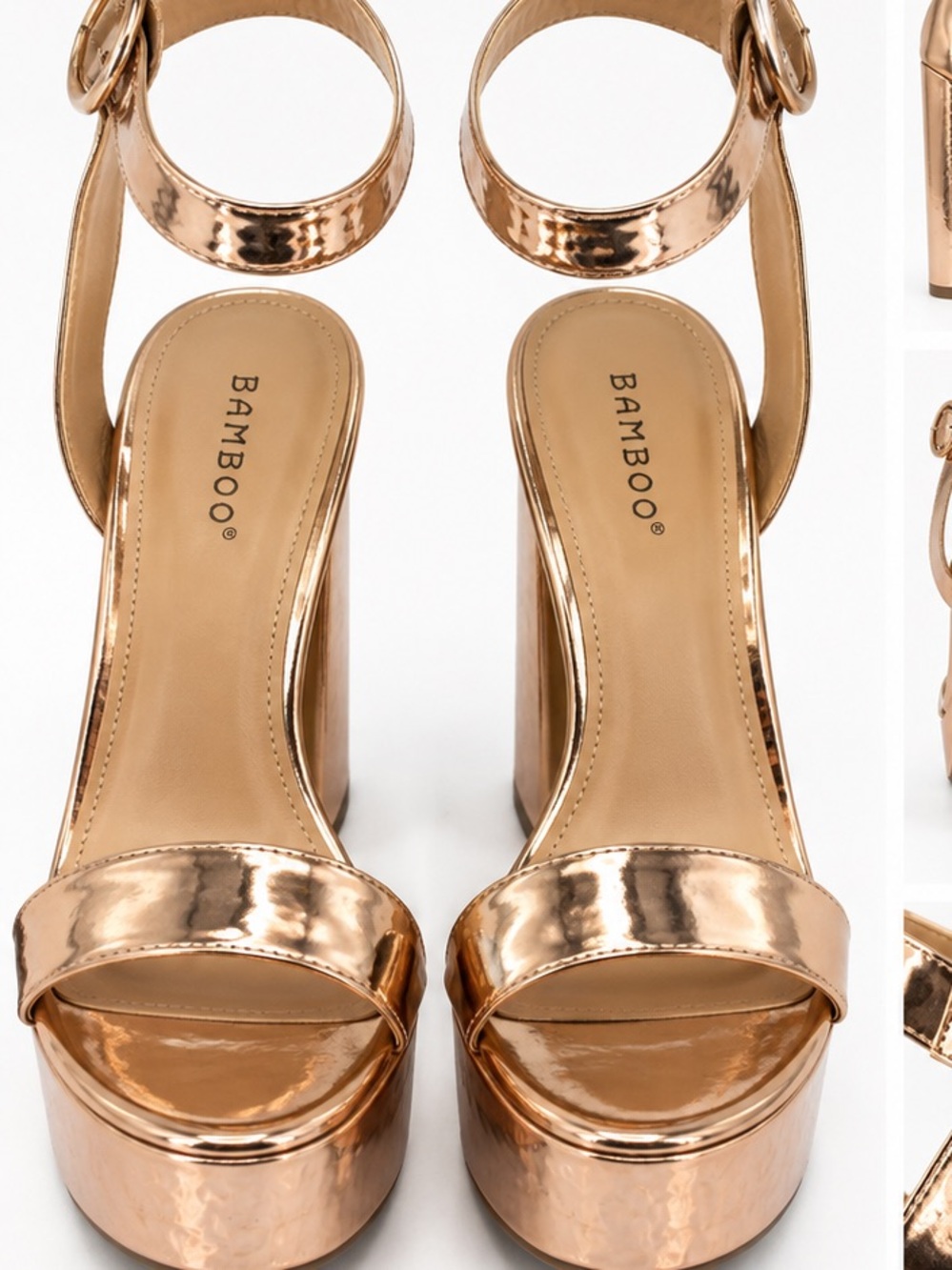 BAMBOO Metallic Rose Gold Platform Ankle Strap Heels
